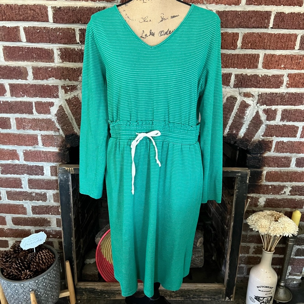 roolee green pinstriped linen dress